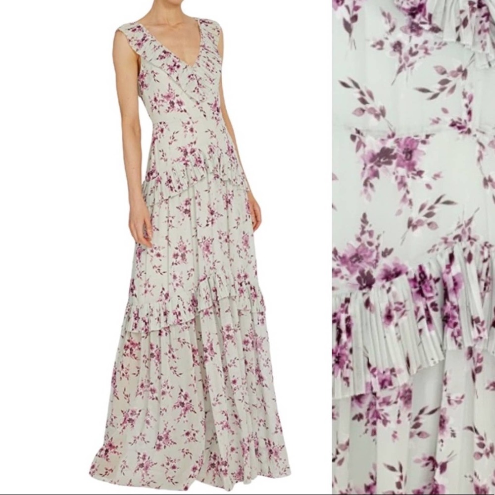 Monique Lhuillier Dress Floral Print V-neck Tiered Ruffle Gown NWT 2